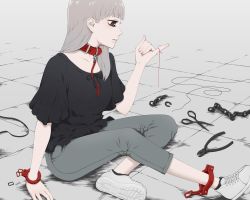 Rule 34 | 1girl, \n/, black shirt, chain, choker, closed mouth, collar, commentary request, crossed legs, cuffs, grey background, grey hair, grey pants, long hair, looking away, original, pants, shackles, shirt, sitting, solo, string, string of fate, wire cutters, yajirushi (chanoma)