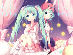 Rule 34 | 2girls, animal hood, aqua eyes, aqua hair, bed, blush, collared shirt, commentary request, dress, dual persona, food, frilled dress, frilled skirt, frilled sleeves, frills, gloves, hatsune miku, heart, hood, hoodie, lol -lots of laugh- (vocaloid), long hair, long sleeves, looking at viewer, multiple girls, natsume3304, open mouth, pancake, rabbit hood, red gloves, red ribbon, ribbon, shirt, short sleeves, skirt, twintails, very long hair, vocaloid