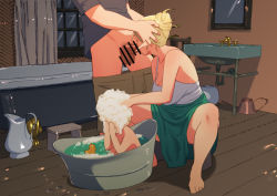 Rule 34 | 1girl, 2boys, age difference, bar censor, barefoot, bathroom, bathtub, blonde hair, breasts, censored, cleavage, couple, elf, feet, fellatio, full body, hair up, indoors, irrumatio, large breasts, legs, married woman, mixed-sex bathing, mother and son, multiple boys, oral, penis, pointy ears, shared bathing, sitting, spread legs, stealth sex, supi (inner map), testicles, toes, veins, veiny penis