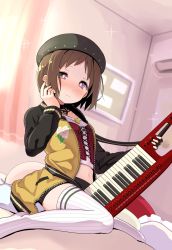 Rule 34 | 1girl, bang dream!, beret, between legs, black choker, black gloves, black hat, blush, brown eyes, brown hair, choker, commentary request, crop top, cross-laced clothes, curtains, day, fingerless gloves, floral print, gloves, hat, hazawa tsugumi, highres, indoors, instrument, jacket, jewelry, keytar, long sleeves, looking at viewer, navel, on bed, pendant, raglan sleeves, shipii (jigglypuff), short hair, single fingerless glove, sitting, smile, solo, sparkle, striped clothes, striped thighhighs, thighhighs, vertical-striped clothes, vertical-striped thighhighs, white thighhighs, yellow jacket
