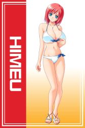 Rule 34 | 1girl, aozora himeu, bare shoulders, bikini, blue eyes, breasts, cleavage, feet, game cg, gradient background, highres, large breasts, looking at viewer, mome! chichi shimai katei kyoushi 11nin, navel, ole-m, red hair, sandals, short hair, smile, solo, standing, swimsuit, toes