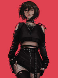 Rule 34 | 1girl, absurdres, artist name, belt, black collar, black hair, black shirt, black skirt, black sweater, blouse, clothing cutout, collar, cowboy shot, crop top, cross, cross earrings, cross necklace, earrings, facial scar, fingerless gloves, fishnet thighhighs, fishnets, gloves, goth fashion, gothic, hair between eyes, highres, jewelry, long bangs, looking at viewer, mikasa ackerman, miniskirt, multiple rings, necklace, parted lips, red background, ring, scar, scar on cheek, scar on face, shingeki no kyojin, shirt, short hair, shoulder cutout, skirt, spiked collar, spikes, sweater, thighhighs, zu yuan cesar
