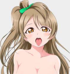 Rule 34 | 10s, 1girl, asymmetrical bangs, bow, breasts, brown eyes, brown hair, cleavage, collarbone, completely nude, floating hair, green bow, grey background, hair between eyes, hair bow, highres, long hair, looking at viewer, love live!, love live! school idol project, medium breasts, minami kotori, nude, open mouth, out-of-frame censoring, side ponytail, simple background, solo, tongue, tongue out, upper body, very long hair, wewe