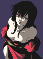 Rule 34 | 00s, 1girl, bare shoulders, black hair, breasts, cleavage, female focus, japanese clothes, kimono, kousetsu hyaku monogatari, long hair, looking up, lowres, ogin, quite, red eyes, simple background, solo