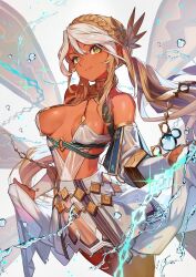 Rule 34 | 1girl, andromeda (fate), andromeda (first ascension) (fate), bare shoulders, blonde hair, breasts, cleavage, dark-skinned female, dark skin, duplicate, fate/grand order, fate (series), green eyes, highres, lack, large breasts, long hair, looking at viewer, smile, solo, white hair