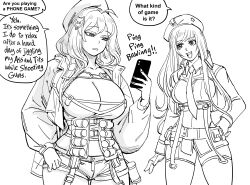 Rule 34 | 2girls, absurdres, ahoge, anis (nikke), bb (baalbuddy), beret, breasts, cellphone, cleavage, cleavage cutout, clothing cutout, english text, goddess of victory: nikke, greyscale, hair ornament, hairclip, hat, highres, holding, holding phone, large breasts, long hair, monochrome, multiple girls, necktie, phone, rapi (nikke), revealing clothes, simple background, smartphone, speech bubble, thighhighs, white background