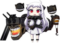 Rule 34 | 10s, 1girl, :d, abyssal ship, ahoge, aircraft, airplane, barefoot, blush, colored skin, dress, holding, horns, kantai collection, long hair, looking at viewer, machinery, minarai, mittens, northern ocean princess, open mouth, smile, solo, turret, white dress, white hair, white skin
