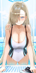 Rule 34 | 1girl, asuna (blue archive), bare shoulders, blue archive, breasts, cleavage, haruri, highres, large breasts, light brown hair, long hair, looking at viewer, smile, solo, swimsuit