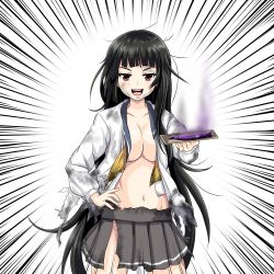 Rule 34 | 1girl, :d, bad food, black hair, breasts, brown eyes, bruise, cleavage, collarbone, commentary request, fish, highres, holding, injury, isokaze (kancolle), kantai collection, large breasts, long hair, looking at viewer, messy hair, navel, open mouth, pleated skirt, saury, school uniform, serafuku, simple background, skirt, smile, smoke, solo, standing, tk8d32, torn clothes, white background