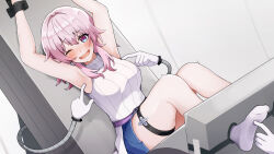 Rule 34 | 1girl, absurdres, ankle socks, tickling armpits, armpits, arms up, belt, blue skirt, blush, bound, breasts, commentary request, commission, dutch angle, earrings, tickling feet, high belt, highres, honkai: star rail, honkai (series), jewelry, laughing, layered skirt, looking at viewer, march 7th (feast) (honkai: star rail), march 7th (honkai: star rail), medium breasts, miniskirt, mitarashi38o, official alternate costume, one eye closed, open mouth, purple belt, revision, saliva, single earring, skeb commission, skirt, sleeveless, sleeveless sweater, socks, solo, sweater, thigh strap, tickle torture, tickling, white skirt, white sleeves, white socks, white sweater
