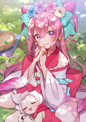 Rule 34 | 2girls, animal ears, back bow, bamboo steamer, blue bow, blush, bow, bow ring, chopsticks, closed eyes, closed mouth, cone hair bun, cure precious, cure precious (party up style), dappled sunlight, day, delicious party precure, double bun, dress, ear bow, earrings, flower, food, fox ears, fox girl, fox tail, grass, green bow, hair bow, hair bun, hair flower, hair ornament, head wreath, heart, highres, japanese clothes, jewelry, kome-kome (precure), kome-kome (precure) (human), lens flare, long hair, long sleeves, looking at viewer, lying on lap, magical girl, medium dress, multiple girls, nagomi yui, off-shoulder dress, off shoulder, onigiri, open mouth, outdoors, own hands together, pink bow, pink dress, pink hair, precure, purple eyes, red bow, ring, short hair, shuu (mniarnoakou), sitting, sleeping, smile, sunlight, tail, twitter username, two side up, very long hair, wide sleeves, yokozuwari