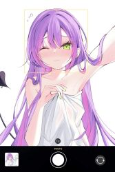 Rule 34 | 1girl, blush, colored inner hair, demon girl, demon tail, green eyes, highres, holding, holding towel, hololive, long hair, multicolored hair, multicolored nails, naked towel, one eye closed, pink hair, purple hair, purple nails, ririge, simple background, solo, tail, tokoyami towa, towel, viewfinder, virtual youtuber, white background, yellow nails