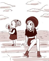 Rule 34 | black eyes, black shirt, boots, bubble, bulma, candy, cloud, dress, food, ginga patrol jaco, greyscale, happy, hat, jewelry, lollipop, long hair, looking away, miiko (drops7), monochrome, necklace, pearl necklace, sepia, shirt, shorts, siblings, sisters, sitting, sky, smile, standing, tights (ginga patrol jaco), twintails