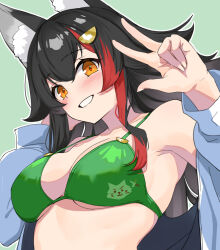Rule 34 | 1girl, alternate costume, animal ear fluff, animal ears, armpits, bikini, black hair, blush, breasts, commentary, fingernails, green background, green bikini, hair ornament, hairclip, hand up, hashtag-only commentary, hololive, large breasts, long hair, looking at viewer, multicolored hair, ookami mio, red hair, shirt, simple background, smile, solo, streaked hair, swimsuit, teeth, two-tone hair, upper body, v, virtual youtuber, white shirt, wolf ears, wolf girl, yellow eyes, yuuzuki (re&#039;ef)