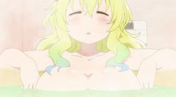 Rule 34 | 1girl, animated, animated gif, breasts, cleavage, dragon girl, floating breasts, horns, huge breasts, indoors, kobayashi-san chi no maidragon, long hair, lucoa (maidragon), multicolored hair, nude, partially submerged, solo, steam, water