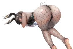 Rule 34 | 1girl, all fours, animal ears, arm tattoo, ass, ass focus, backboob, bare shoulders, bent over, black hair, black leotard, blue archive, blue ribbon, blunt bangs, breasts, dark-skinned female, dark skin, fishnet pantyhose, fishnets, from behind, gloves, highleg, highleg leotard, highres, huge ass, karin (blue archive), karin (bunny) (blue archive), kneepits, kukoi, large breasts, leotard, looking at viewer, no shoes, pantyhose, playboy bunny, ponytail, rabbit tail, ribbon, shadow, shiny skin, skindentation, soles, solo, strapless, strapless leotard, tail, tattoo, thighs, thong leotard, white background, white gloves, yellow eyes