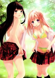 Rule 34 | absurdres, black eyes, black hair, blouse, bra, braid, covering privates, covering breasts, day, fukahire (ruinon), green panties, highres, kyouka (omega quintet), nene (omega quintet), omega quintet, open mouth, outdoors, panties, panty pull, scan, shirt, skirt, standing, underwear, white shirt