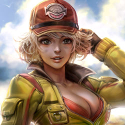 Rule 34 | 10s, 1girl, baseball cap, blonde hair, breasts, brown eyes, cidney aurum, cleavage, dcwj, dirty, dirty face, final fantasy, final fantasy xv, gloves, hat, highres, large breasts, looking at viewer, parted lips, short hair, smile, solo, unzipped, upper body