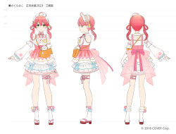 Rule 34 | 1girl, 35p (sakura miko), ahoge, amagai tarou, arm at side, braid, character sheet, closed mouth, company name, copyright notice, detached sleeves, flip-flops, green eyes, hair between eyes, hair ornament, hair rings, height chart, highres, hololive, leg ribbon, long hair, looking at viewer, low twintails, multiple views, neck ribbon, official alternate costume, official art, outstretched arm, pink ribbon, pom pom (clothes), red footwear, ribbon, sakura miko, sakura miko (new year), sandals, smile, socks, thigh ribbon, turnaround, twintails, virtual youtuber, white background, white socks, zouri