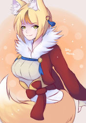Rule 34 | 1girl, absurdres, animal ears, blonde hair, clothes, fire emblem, fire emblem fates, fox ears, fox girl, fox tail, fur collar, highres, japanese clothes, kimono, kitsune, looking at viewer, nintendo, resolution mismatch, selkie (fire emblem), skyversa, smile, source smaller, tail