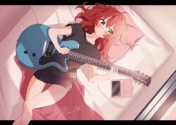 Rule 34 | 1girl, absurdres, ahoge, bedroom, black shirt, bocchi the rock!, casual, cellphone, dolphin shorts, electric guitar, expressionless, from above, guitar, highres, holding, holding guitar, holding instrument, instrument, kita ikuyo, letterboxed, light rays, lying, messy hair, on back, on bed, phone, red hair, shigure (sigre), shirt, shorts, smartphone, solo, sunbeam, sunlight, thigh gap, yellow eyes