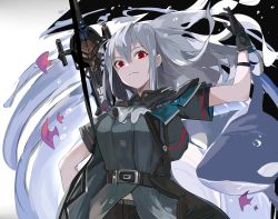 Rule 34 | 1girl, absurdres, arknights, arm behind back, arm up, arms behind back, artist name, bad id, bad pixiv id, bare shoulders, black background, black gloves, black legwear, blouse, breasts, bubble, fish, gloves, grey shirt, hand up, head tilt, highres, long hair, looking at viewer, medium breasts, no headwear, orca, red eyes, shirt, silver hair, sirius enjoliao, skadi (arknights), solo, sword, upper body, weapon, white background, zweihander