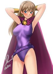 Rule 34 | 1girl, arms behind head, belt, blue eyes, blush, brown hair, cape, commission, cowboy shot, dated, game queen, gauntlets, highleg, highleg leotard, highres, leotard, long hair, narara superboard, nose blush, pixiv commission, purple belt, purple cape, purple leotard, signature, simple background, solo, white background, yoo tenchi