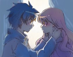 Rule 34 | 1boy, 1girl, blue hair, blush, couple, eye contact, face-to-face, hand on another&#039;s cheek, hand on another&#039;s face, hetero, hiraga saito, holding another&#039;s hair, looking at another, louise francoise le blanc de la valliere, pink hair, yasai, zero no tsukaima