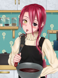 Rule 34 | 1girl, apron, artist request, black eyes, blush, bowl, breasts, chocolate, chocolate making, dragon fruit, fate/grand order, fate (series), highres, holding, holding bowl, kitchen, looking at viewer, medium breasts, mixing bowl, red hair, solo, spatula, typhon ephemeros (fate), yellow eyes