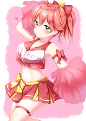 Rule 34 | 1girl, ahoge, arm ribbon, arm up, armpits, bare shoulders, bell, blurry, bow, breasts, character name, cheerleader, clothes writing, collarbone, crop top, crop top overhang, depth of field, foreshortening, green eyes, hair bow, hair ornament, highres, holding, holding pom poms, hololive, jingle bell, large breasts, long hair, looking at viewer, midriff, miniskirt, navel, outstretched arm, pleated skirt, pom pom (cheerleading), pom poms, ponytail, red hair, red shirt, red skirt, ribbon, sakura miko, sakura miko (1st costume), shirt, skirt, sleeveless, sleeveless shirt, smile, solo, stomach, thigh strap, thighs, virtual youtuber, x hair ornament, yuano