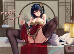 Rule 34 | 1girl, 2020, ass, azur lane, bare shoulders, black hair, breasts, bridal gauntlets, bursting breasts, china dress, chinese clothes, cleavage cutout, clothes pull, clothing cutout, crossed bangs, cutout above navel, dress, dress pull, feather boa, feet, fishnet thighhighs, fishnets, hair ornament, highres, janload1ng, large breasts, long hair, looking at viewer, official alternate costume, pelvic curtain, red dress, red eyes, side ponytail, signature, sitting, sleeveless, sleeveless dress, soles, solo, taihou (azur lane), taihou (phoenix&#039;s spring song) (azur lane), thighhighs, very long hair