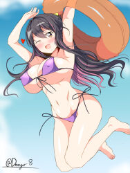 Rule 34 | 1girl, :d, armpits, arms up, bare legs, barefoot, bikini, black hair, blue sky, blush, breasts, commentary request, covered erect nipples, day, deego (omochi bazooka), hair between eyes, heart, highres, innertube, jumping, kantai collection, large breasts, long hair, looking at viewer, multicolored hair, naganami (kancolle), navel, one eye closed, open mouth, outdoors, pink hair, purple bikini, side-tie bikini bottom, signature, sky, smile, solo, swim ring, swimsuit, thighhighs, toes, two-tone hair, underwear, yellow eyes