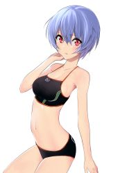 Rule 34 | 1girl, absurdres, adapted costume, arm behind head, armpits, ayanami rei, bad id, bad twitter id, bikini, black bikini, blue hair, blush, breasts, cleavage, cowboy shot, domo1220, expressionless, from side, hair between eyes, hand up, highres, looking at viewer, navel, neon genesis evangelion, plugsuit, red eyes, short hair, simple background, small breasts, solo, sports bikini, swimsuit, tankini, taut clothes, white background