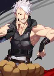 Rule 34 | 1boy, abs, akisa yositake, belt, black shirt, brown belt, chipp zanuff, fingerless gloves, gloves, grey background, grin, guilty gear, guilty gear strive, highres, holding, holding weapon, male focus, pants, red eyes, shirt, shuriken, simple background, sleeveless, smile, solo, weapon, white hair, white pants