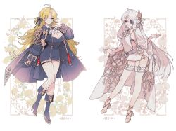 Rule 34 | 2girls, ahoge, black bra, blue cape, blue dress, blue eyes, blue footwear, blue jacket, boots, bra, breasts, cape, choppy bangs, chrysanthemum, cleavage, dress, embroidery, epaulettes, eyepatch, fashion, floral background, flower, full body, hair ornament, high heels, jacket, large breasts, lemon89h, long hair, looking at viewer, military uniform, multiple girls, open mouth, original, parted bangs, red eyes, see-through, see-through shirt, shirt, sidelocks, small breasts, standing, standing on one leg, thigh strap, thighhighs, underwear, uniform, white cape, white dress, white flower, white shirt, white thighhighs, yellow flower, yellow footwear