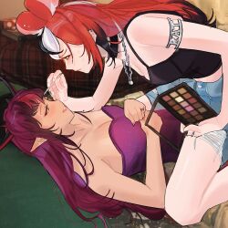 Rule 34 | 2girls, animal ears, applying makeup, armband, black hair, black tank top, blue eyes, book, breasts, checkered background, cleavage, cosmetics, couch, demon horns, denim, denim shorts, dress, earrings, elisbian, gold ring, hair ornament, hakos baelz, happy, highres, hololive, hololive english, horns, irys (hololive), jewelry, lesbians doing makeup (meme), lock, long hair, looking at another, looking at breasts, lying, makeup, medium breasts, meme, mouse ears, mouse girl, multicolored hair, multiple girls, nail polish, necklace, on couch, padlock, padlocked collar, photo-referenced, photo background, pointy ears, polka dot, purple dress, purple eyes, purple hair, purple nails, red hair, shorts, sitting, sitting on person, streaked hair, sweatdrop, tank top, torn clothes, torn shorts, twintails, two-tone hair, virtual youtuber, white hair