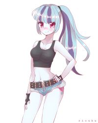 Rule 34 | black lagoon, blue hair, blush, breasts, cleavage, cosplay, fingerless gloves, gloves, looking at viewer, my little pony, my little pony: equestria girls, my little pony: friendship is magic, ponytail, purple hair, revy (black lagoon) (cosplay), shorts, sonata dusk