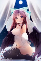 Rule 34 | 1girl, bed, black thighhighs, bottomless, bow, breasts, bridal veil, brown hair, curtains, elbow gloves, gloves, hair bow, large breasts, long hair, md5 mismatch, moon, nightgown, nipples visible through bra, orange eyes, reiuji utsuho, see-through bra, smile, solo, star (symbol), tears, thighhighs, torii, touhou, veil, wings