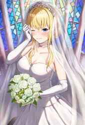 Rule 34 | 1girl, absurdres, blonde hair, blush, bouquet, breasts, bridal veil, bride, cleavage, collarbone, darkness (konosuba), dress, elbow gloves, flower, gloves, grin, highres, holding, holding bouquet, isome, jewelry, kono subarashii sekai ni shukufuku wo!, large breasts, necklace, one eye closed, pearl necklace, rose, rubbing eyes, smile, solo, tears, tiara, veil, wedding, wedding dress, white flower, white gloves, white rose, wiping tears