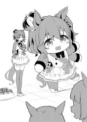 Rule 34 | 3girls, animal ears, aston machan (umamusume), bow, bowtie, chipushishi, commentary, crown, doll, greyscale, highres, holding, holding doll, horse ears, horse girl, horse tail, jacket, loafers, long sleeves, mascot, mini crown, monochrome, multiple girls, shoes, simple background, skirt, spoilers, tail, thighhighs, tilted headwear, trainer (umamusume), umamusume, umamusume: beginning of a new era, white background