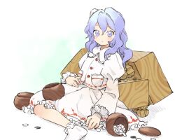 Rule 34 | 1girl, ankle socks, blue eyes, blue hair, blush, board game, closed mouth, collared shirt, commentary request, expressionless, frilled shirt collar, frilled skirt, frilled socks, frills, go (board game), hand on own leg, highres, juliet sleeves, kaigen 1025, long hair, long sleeves, looking at viewer, on floor, puffy sleeves, satsuki rin, shirt, skirt, socks, solo, touhou, white shirt, white skirt, white socks