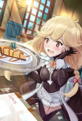 Rule 34 | 1girl, alm (fire emblem), artist name, blonde hair, blush, bow, braid, brown eyes, cheesecake, commission, faye (fire emblem), fingerless gloves, fire emblem, fire emblem echoes: shadows of valentia, food, gem, gloves, hair bow, heart, heart in eye, highres, indoors, ippers, long hair, long sleeves, low-braided long hair, low-tied long hair, maid, nintendo, open mouth, plate, red bow, solo, standing, symbol in eye, tray, twin braids, window