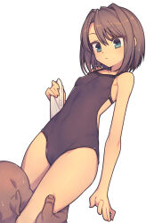 Rule 34 | 1boy, 1girl, blue eyes, blush, breasts, brown hair, cameltoe, closed mouth, commentary, covered navel, cowboy shot, dark-skinned male, dark skin, everyntrge, hair between eyes, head between thighs, hetero, highres, looking down, medium hair, one-piece swimsuit, original, simple background, small breasts, solo focus, standing, sweat, swimsuit, white background