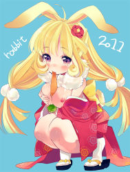 Rule 34 | 10s, 1girl, 2011, amezawa koma, animal ears, between breasts, blonde hair, blue background, breasts, carrot, japanese clothes, kimono, kneeling, long hair, low-tied long hair, nipples, no bra, open clothes, open kimono, original, purple eyes, rabbit ears, small breasts, solo, tabi