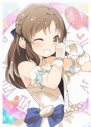 Rule 34 | 1girl, absurdres, blue bow, blush, bow, brown eyes, brown hair, clock, commentary request, dress, gloves, grin, hair bow, hands up, heart, heart hands, highres, idolmaster, idolmaster cinderella girls, long hair, looking at viewer, one eye closed, roman numeral, smile, solo, strapless, strapless dress, tachibana arisu, white dress, white gloves, yukie (kusaka shi)