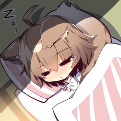 Rule 34 | 1girl, = =, animal ears, bandaged leg, bandages, brown hair, chestnut mouth, chibi, closed eyes, dress, fox ears, fox girl, fox tail, from above, futon, hair between eyes, indoors, lying, on bed, on side, original, parted lips, pillow, sleeping, sleeveless, sleeveless dress, solo, tail, tatami, tears, white dress, yuuji (yukimimi), zzz