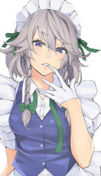 Rule 34 | 1girl, biting, blue eyes, blush, braid, breasts, collared shirt, glove biting, gloves, izayoi sakuya, looking at viewer, maid, maid headdress, makita (twosidegekilove), mouth pull, neck ribbon, puffy short sleeves, puffy sleeves, ribbon, shirt, short hair, short sleeves, silver hair, simple background, small breasts, solo, touhou, twin braids, untied, upper body, vest, white background, white gloves, white shirt