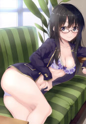 Rule 34 | 1girl, absurdres, ass, black hair, blazer, blue eyes, bow, bow bra, bra, breasts, cleavage, closed mouth, collarbone, couch, day, floral print, glasses, highres, indoors, jacket, light particles, lips, long hair, looking at viewer, medium breasts, navel, original, panties, red-framed eyewear, scan, solo, stomach, striped, thighs, unasaka ryou, underwear, vertical stripes, window