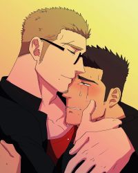 Rule 34 | 2boys, bara, black hair, blush, comforting, couple, crying, crying with eyes open, eyebrow cut, facial hair, finger to another&#039;s cheek, fle0423, gakuran, glasses, goatee, hand on another&#039;s head, heads together, highres, hug, interracial, light brown hair, long sideburns, male focus, multiple boys, muscular, muscular male, original, pectoral cleavage, pectorals, school uniform, shirt grab, short hair, sideburns, tears, upper body, wiping tears, yaoi