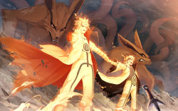 Rule 34 | 2boys, absurdres, amputee, blonde hair, coat, father and son, feet out of frame, fist bump, forehead protector, high collar, highres, kitsune, kunai, kurama (naruto), kyuubi, long sleeves, multiple boys, multiple tails, namikaze minato, naruto (series), naruto shippuuden, open clothes, open coat, open mouth, pants, short hair, standing, tail, torn clothes, torn coat, uzumaki naruto, weapon, xingqiba eight